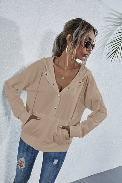 Drawstring button pocket loose hoodie