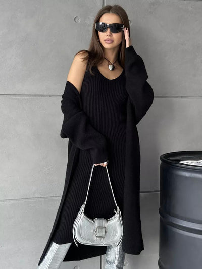 Women's Knitted Suit - Slim Sleeveless Long Dress & Casual Loose Cardigan for Spring/Fall