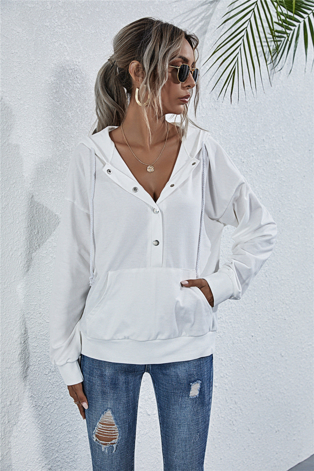 Drawstring button pocket loose hoodie