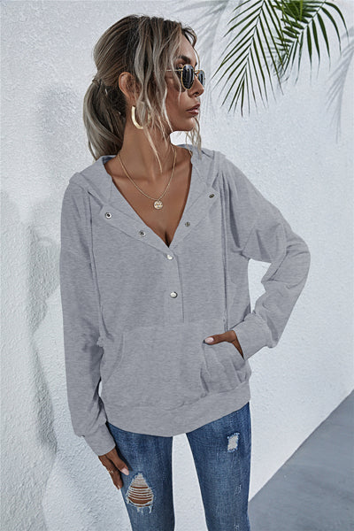 Drawstring button pocket loose hoodie