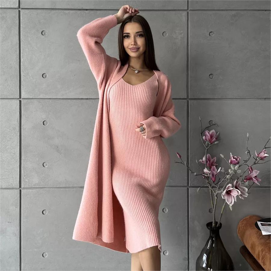 Women's Knitted Suit - Slim Sleeveless Long Dress & Casual Loose Cardigan for Spring/Fall