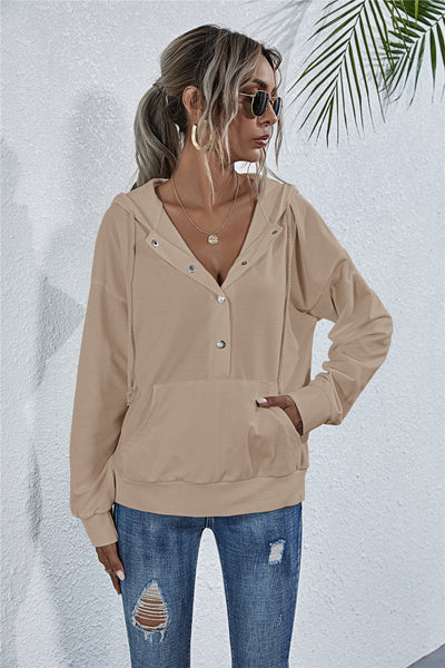 Drawstring button pocket loose hoodie