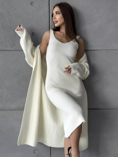 Women's Knitted Suit - Slim Sleeveless Long Dress & Casual Loose Cardigan for Spring/Fall