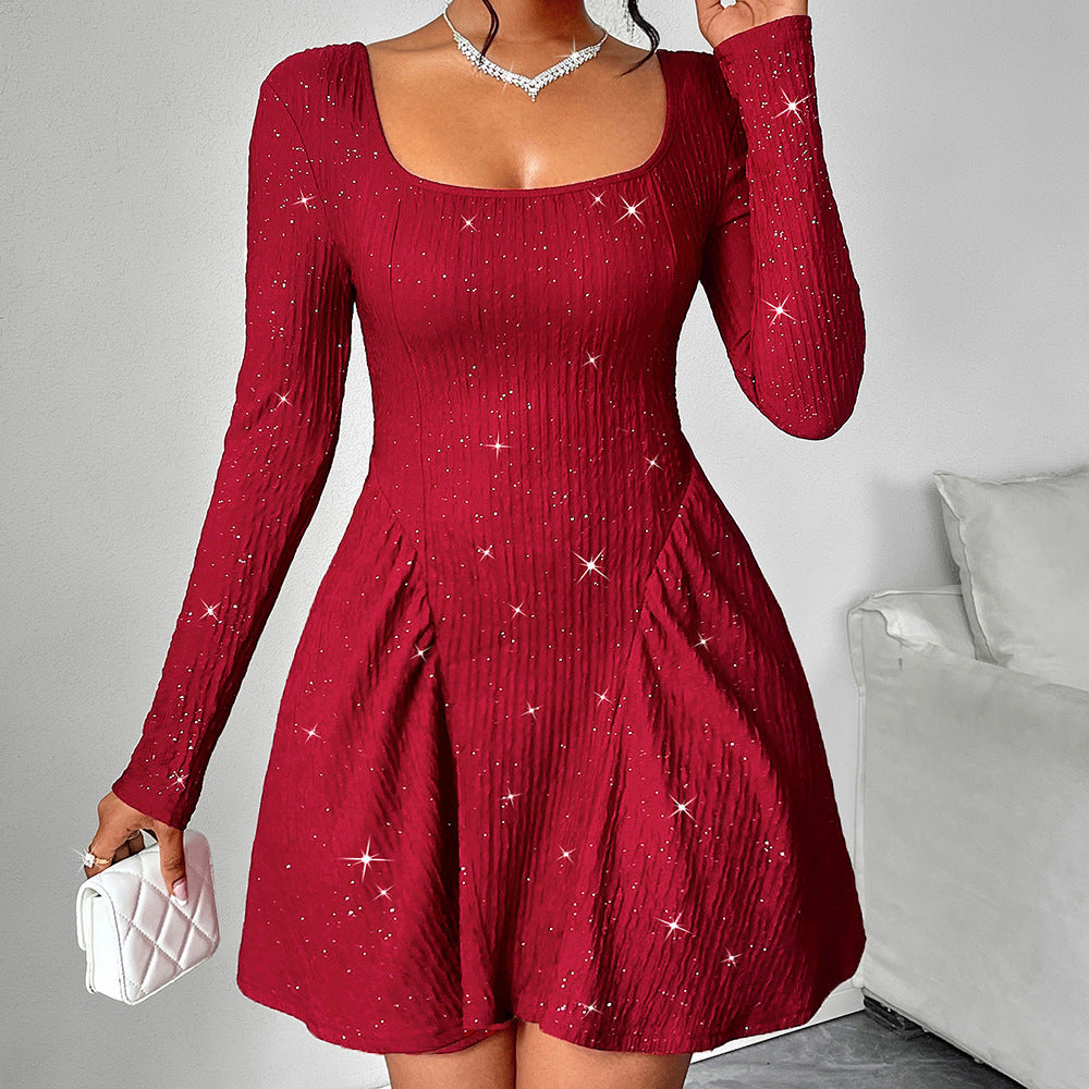 Women's Clothing Long Sleeve Square-neck Dress