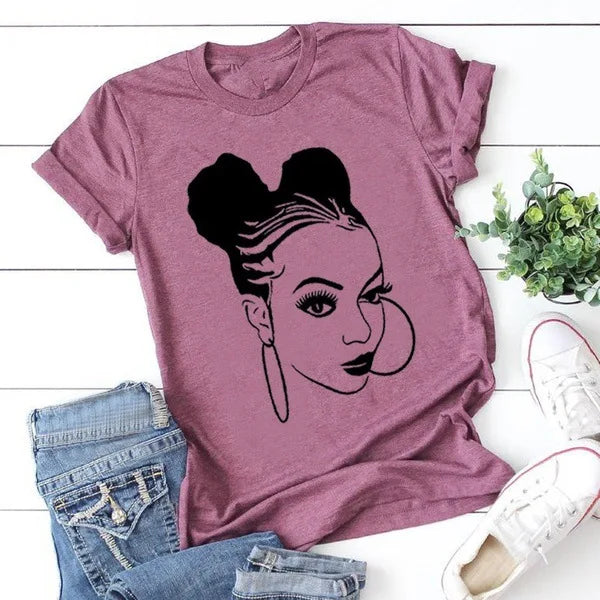 African Girl Print T Shirt Women Short Sleeve O Neck Loose Tshirt Summer Women Tee Shirt Tops Camisetas Mujer