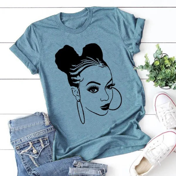 African Girl Print T Shirt Women Short Sleeve O Neck Loose Tshirt Summer Women Tee Shirt Tops Camisetas Mujer