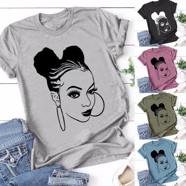 African Girl Print T Shirt Women Short Sleeve O Neck Loose Tshirt Summer Women Tee Shirt Tops Camisetas Mujer