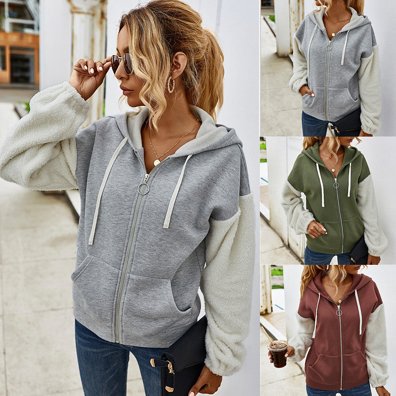 Women's contrast patchwork hooded long-sleeved casual jacket, designed for comfort and style with a unique, trendy design.