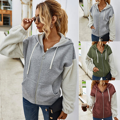 Women's contrast patchwork hooded long-sleeved casual jacket, designed for comfort and style with a unique, trendy design.