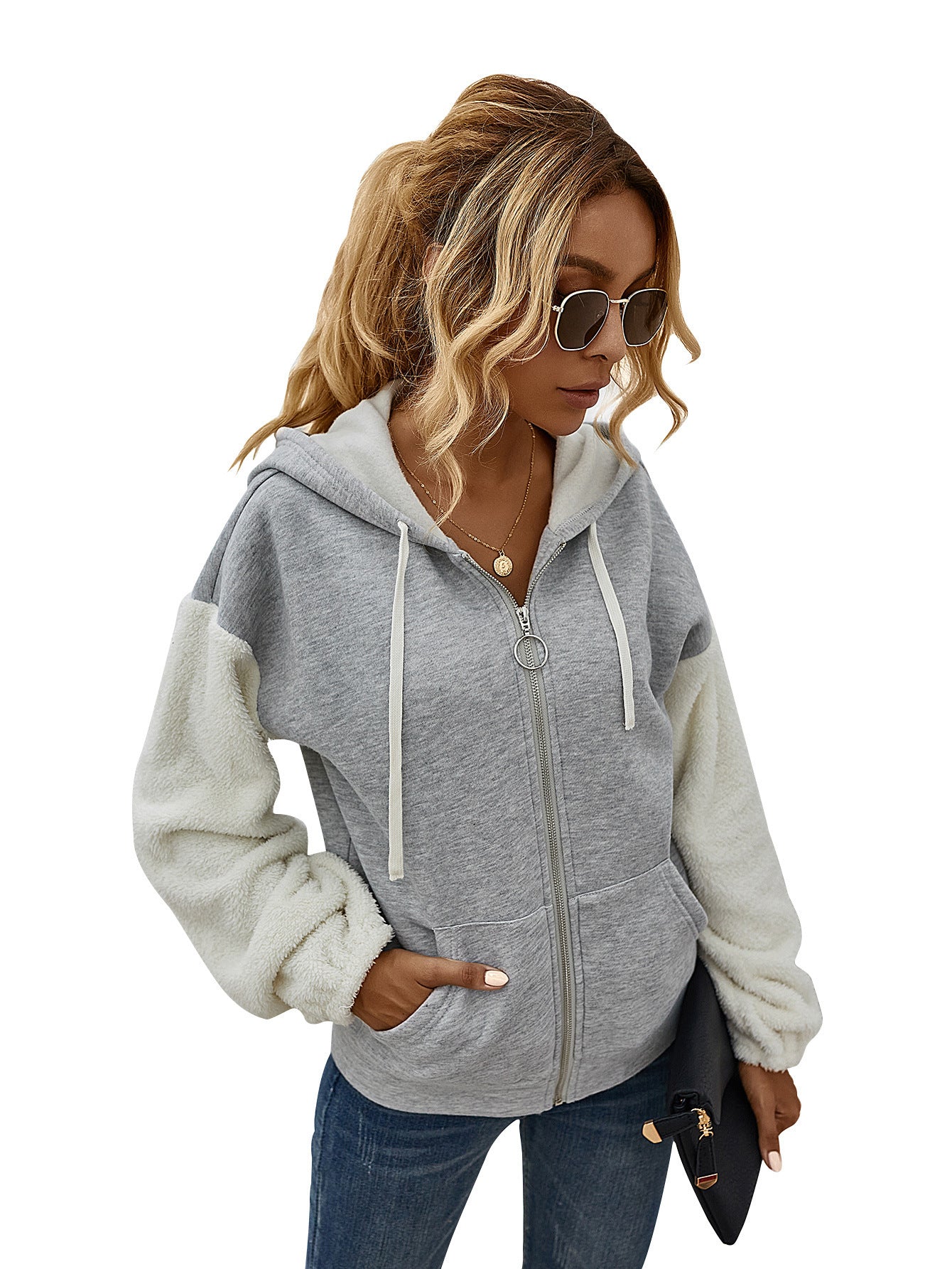 Women's contrast patchwork hooded long-sleeved casual jacket, designed for comfort and style with a unique, trendy design.