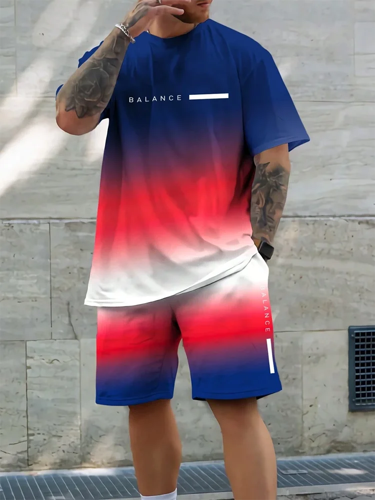 Men's Gradient Blue-Pink Ombre Two-Piece Set – Stylish Summer Outfit