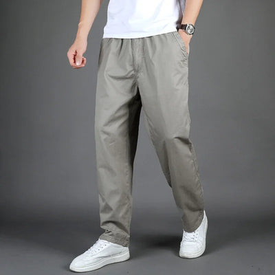 Men's 100% Cotton Sunwashed Pants, Standard Fit, Men Straight Cargo Trousers, Casual Pants, Monochromatic, Elastic Waist