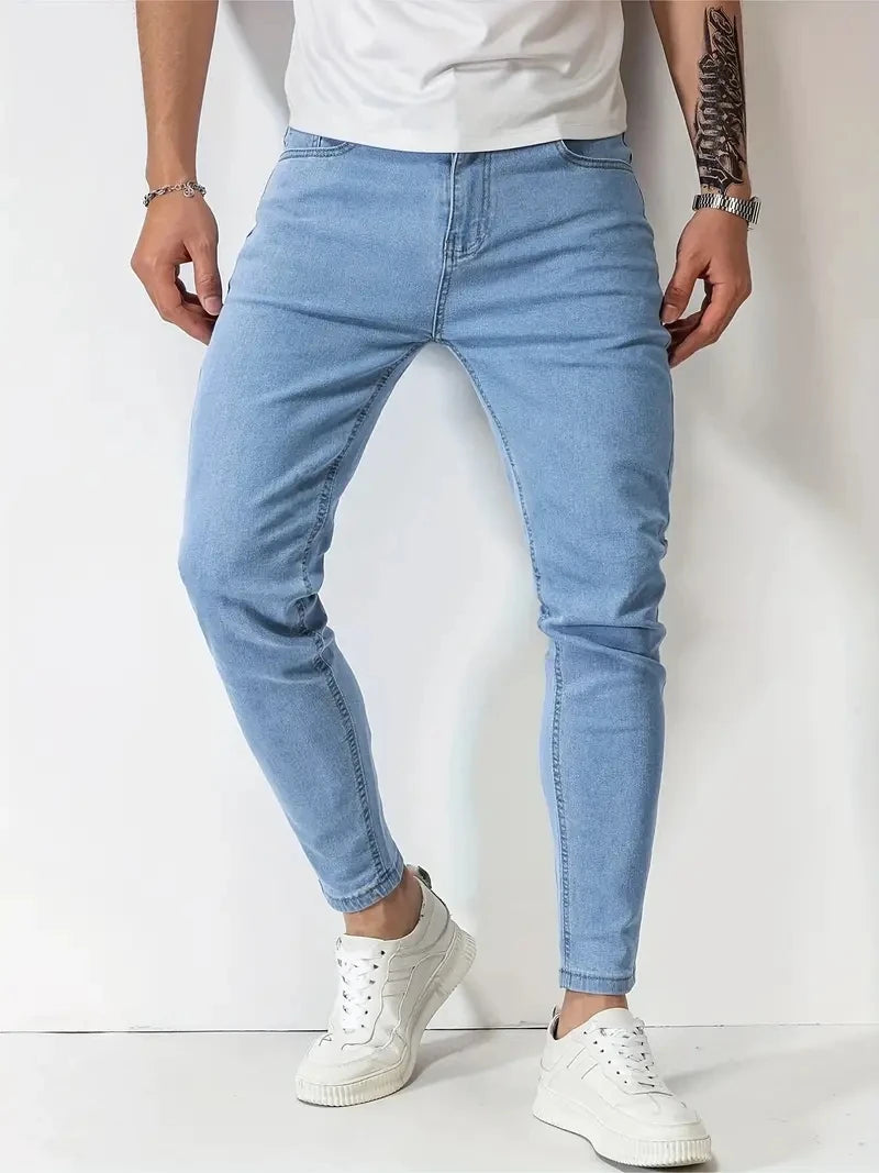 Men Jeans Stretch Skinny Denim Pants Solid Color Black Blue Autumn Summer Luxury Street Harajuku Hip-Hop Style Slim Fit Trousers