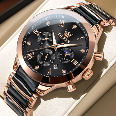 OLEVS Men's Watches Original Quartz Watch for Man Waterproof Luminous Ceramic And Steel Strips Wristwatch Male Moon Phases