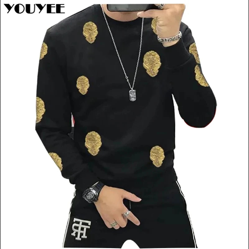 Men's Full Diamond Luxury Hoodie Bling Bling Trendy Pullover Long Sleeved Round Neck Thick Fleece Hoodie Winter Fashion Clothing