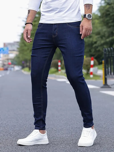 Men Jeans Stretch Skinny Denim Pants Solid Color Black Blue Autumn Summer Luxury Street Harajuku Hip-Hop Style Slim Fit Trousers