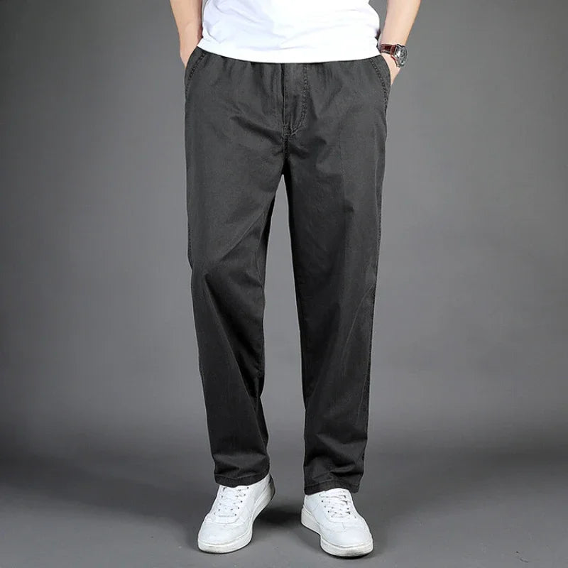 Men's 100% Cotton Sunwashed Pants, Standard Fit, Men Straight Cargo Trousers, Casual Pants, Monochromatic, Elastic Waist