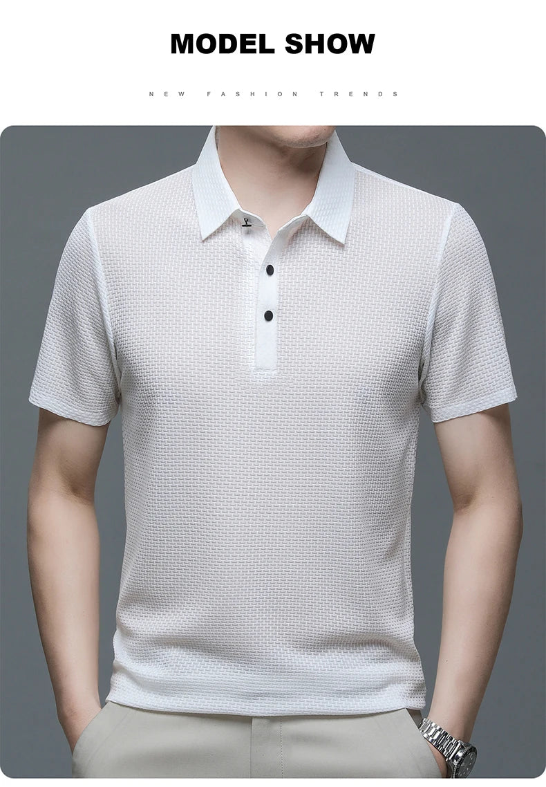 New Silk Knitted Hollow Polo Shirt Korean Edition Men's Summer Fashion Business Leisure Cool and Breathable Short Sleeved Top