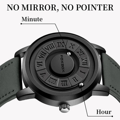 FOXBOX Mens Watches Creative Scrolling Pointer Magnetic Force Quartz Wristwatch Genuine Leather Watch Man Relogio Masculino+Box