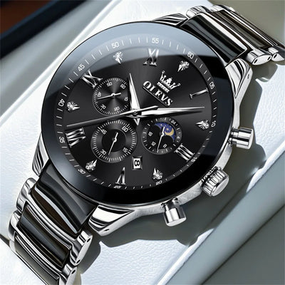 OLEVS Men's Watches Original Quartz Watch for Man Waterproof Luminous Ceramic And Steel Strips Wristwatch Male Moon Phases