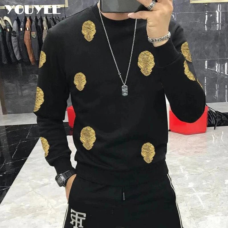 Men's Full Diamond Luxury Hoodie Bling Bling Trendy Pullover Long Sleeved Round Neck Thick Fleece Hoodie Winter Fashion Clothing