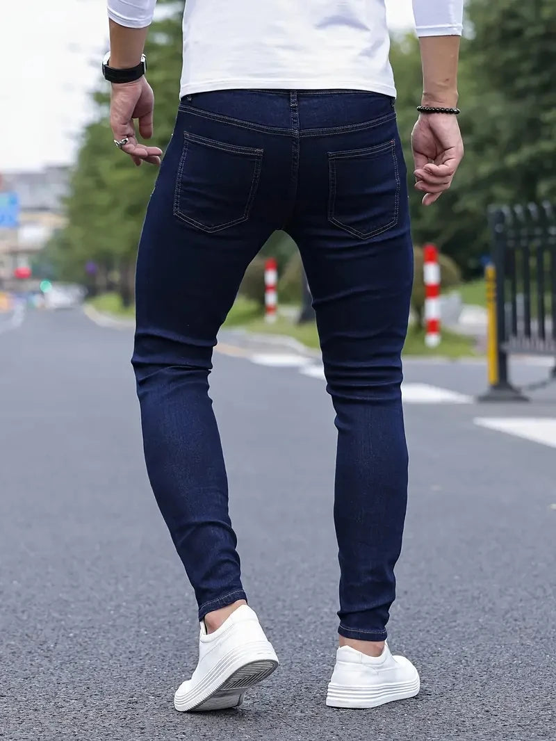 Men Jeans Stretch Skinny Denim Pants Solid Color Black Blue Autumn Summer Luxury Street Harajuku Hip-Hop Style Slim Fit Trousers