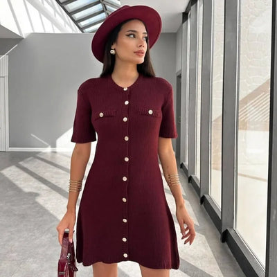 2024 Chic Burgundy Single Breasted Knitted Mini Dress Women's Fashion V-neck Slim Short Sleeves Vestido Lady Commute Streeetwear