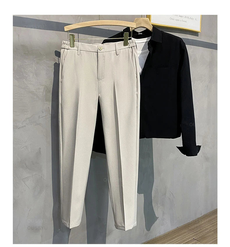 2024 Autumn Men's Casual Pants Suit Pant Slim Fit Work Elastic Waist Jogging Business Trousers Male Black Plus Size 40 42