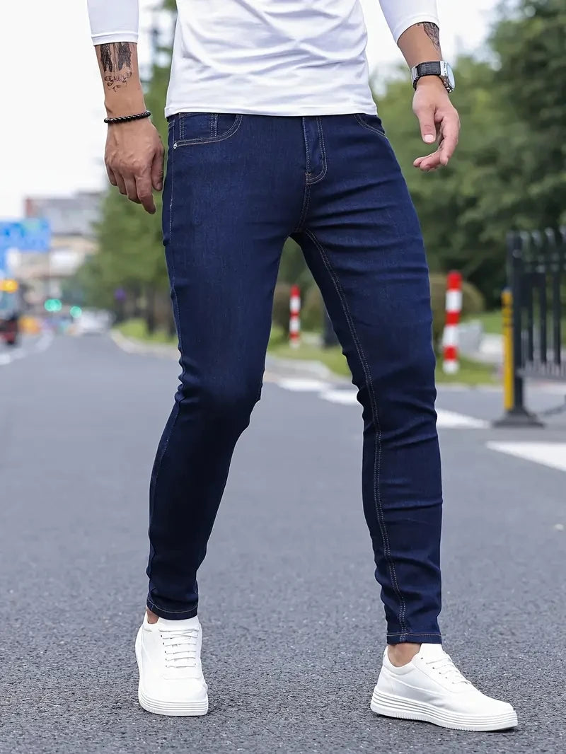 Men Jeans Stretch Skinny Denim Pants Solid Color Black Blue Autumn Summer Luxury Street Harajuku Hip-Hop Style Slim Fit Trousers