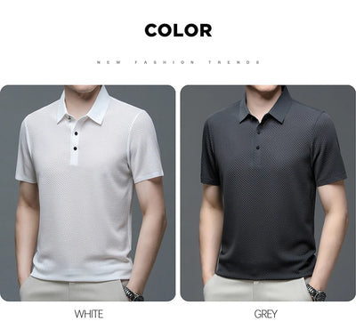 New Silk Knitted Hollow Polo Shirt Korean Edition Men's Summer Fashion Business Leisure Cool and Breathable Short Sleeved Top