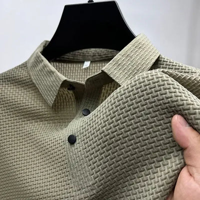 New Silk Knitted Hollow Polo Shirt Korean Edition Men's Summer Fashion Business Leisure Cool and Breathable Short Sleeved Top