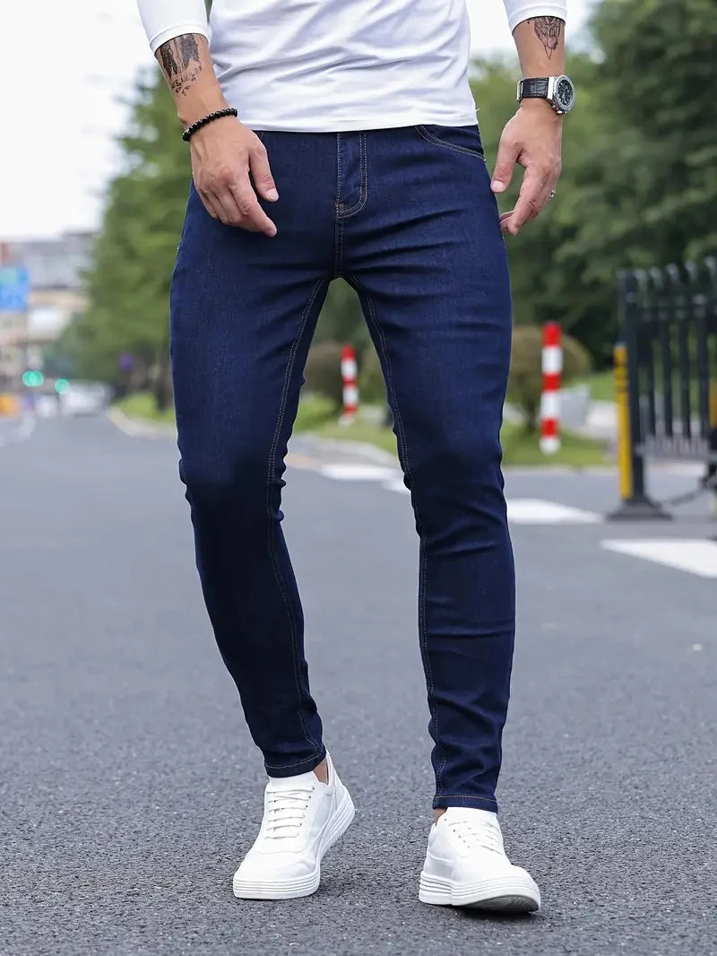 Men Jeans Stretch Skinny Denim Pants Solid Color Black Blue Autumn Summer Luxury Street Harajuku Hip-Hop Style Slim Fit Trousers