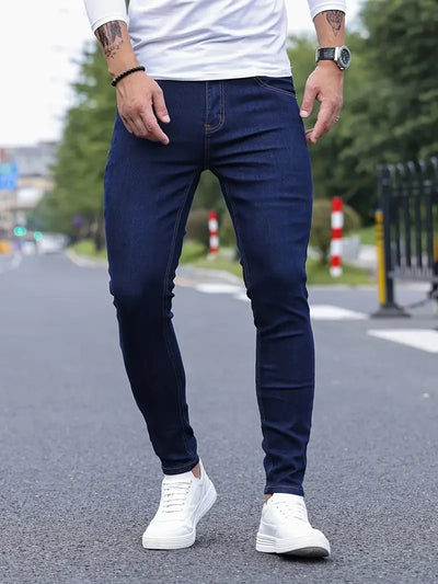 Men Jeans Stretch Skinny Denim Pants Solid Color Black Blue Autumn Summer Luxury Street Harajuku Hip-Hop Style Slim Fit Trousers