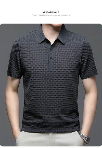 New Silk Knitted Hollow Polo Shirt Korean Edition Men's Summer Fashion Business Leisure Cool and Breathable Short Sleeved Top