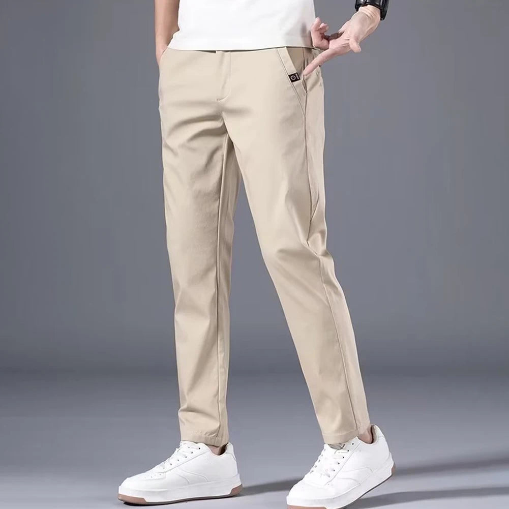 Fashion Men's Slim Fit Pants Solid Color Stretch Chino Trousers Casual Flat Front Flex Classic Full Pants Men Clothing