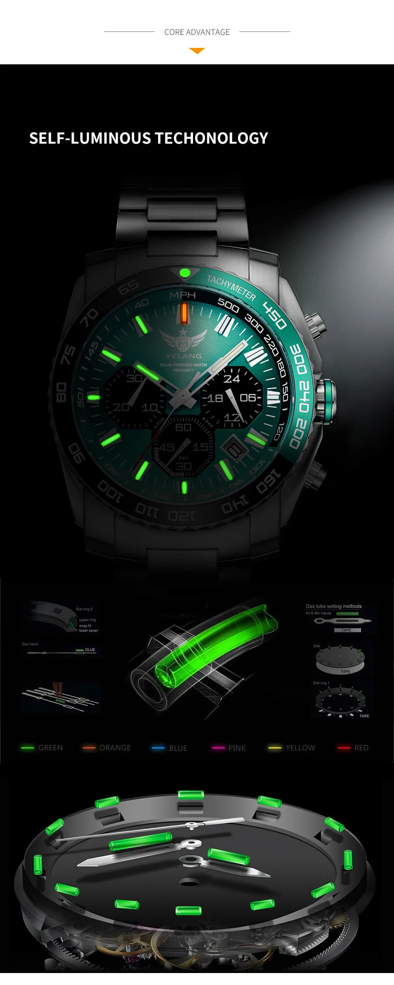 Yelang Watch Man Sports Watch Japan Eco-Drive VR42 Diving Watch 100m Professional Waterproof Gas Luminescence Reloj