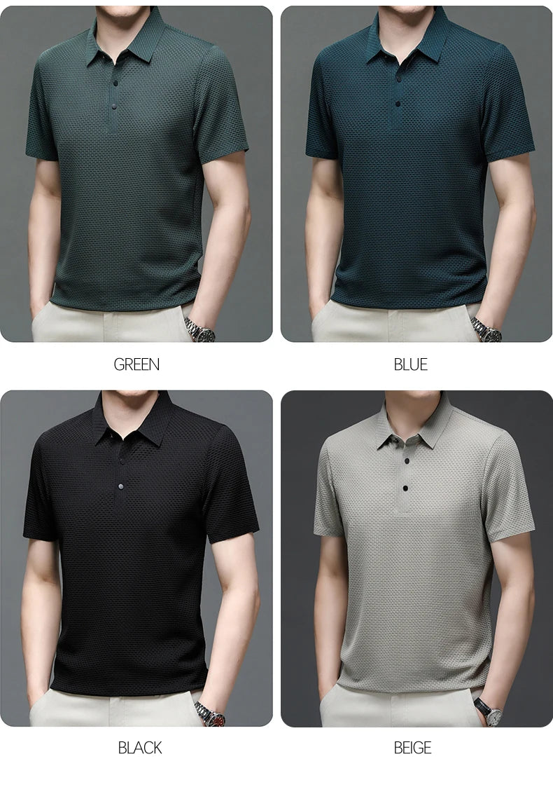 New Silk Knitted Hollow Polo Shirt Korean Edition Men's Summer Fashion Business Leisure Cool and Breathable Short Sleeved Top