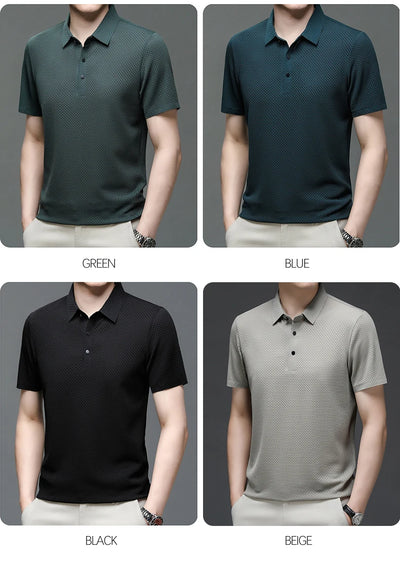 New Silk Knitted Hollow Polo Shirt Korean Edition Men's Summer Fashion Business Leisure Cool and Breathable Short Sleeved Top