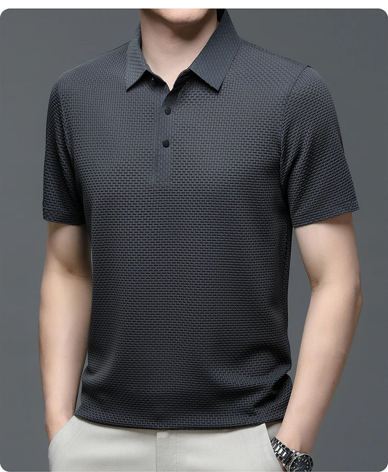 New Silk Knitted Hollow Polo Shirt Korean Edition Men's Summer Fashion Business Leisure Cool and Breathable Short Sleeved Top