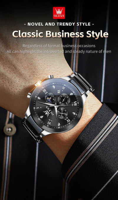 OLEVS Men's Watches Original Quartz Watch for Man Waterproof Luminous Ceramic And Steel Strips Wristwatch Male Moon Phases