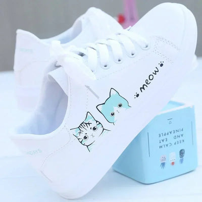 Women Casual Shoes Printed summer Women Pu Shoes Cute Cat  Shoes