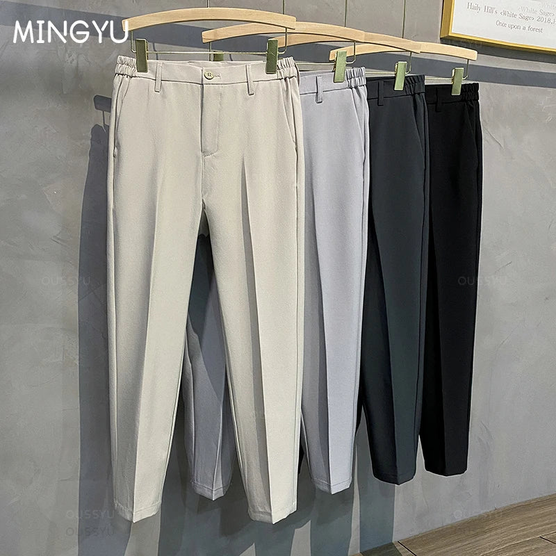 2024 Autumn Men's Casual Pants Suit Pant Slim Fit Work Elastic Waist Jogging Business Trousers Male Black Plus Size 40 42