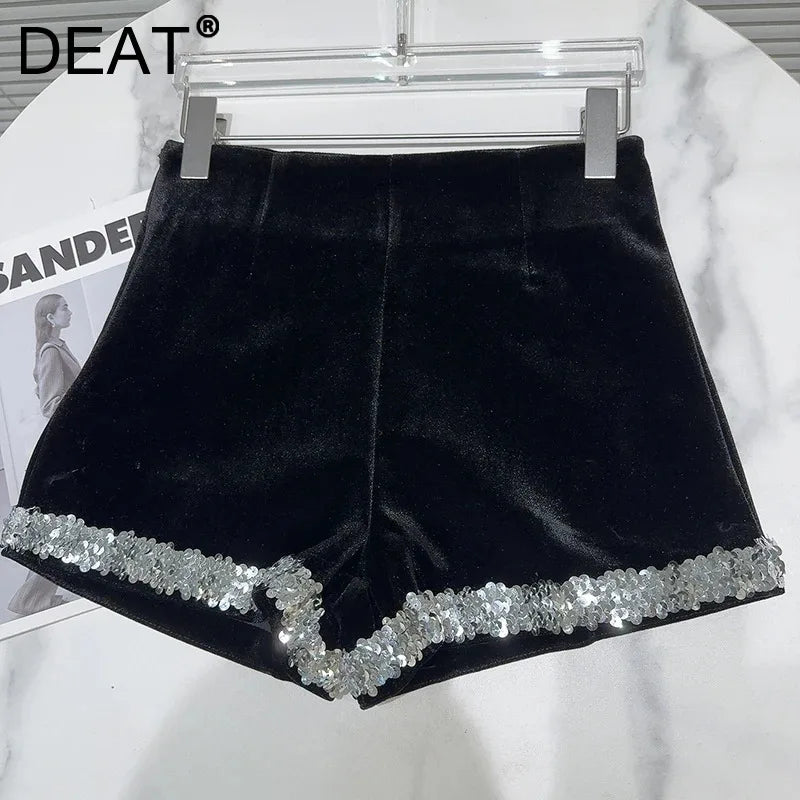 DEAT 2024 Autumn New Item Fashion Women's Sequin Splicing Heavy Industry Velvet Shorts High Waist Short Pants Female 11A01035