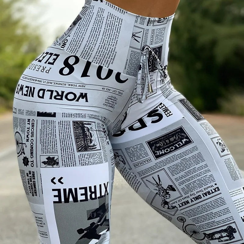 2024 Spring Summer New Women's Clothing Newspaper Printing High Waist Tight Fitness Yoga Pants Leggings Pant Trousers