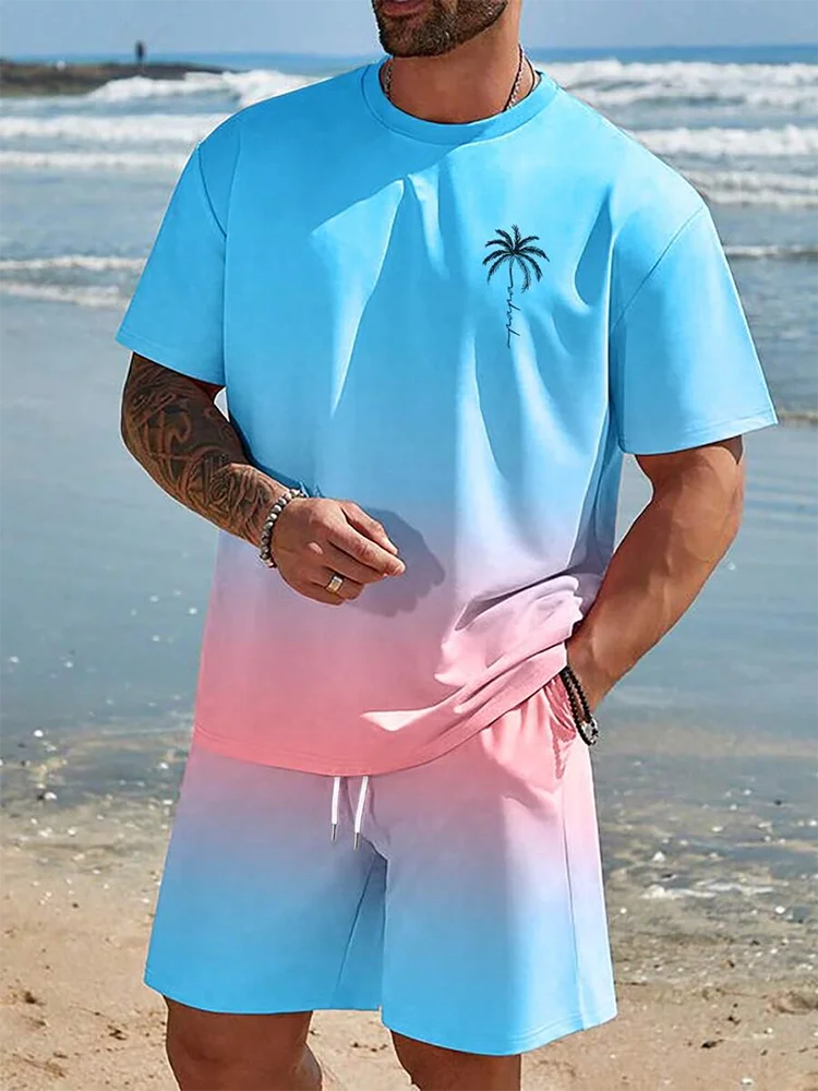 Men's Gradient Blue-Pink Ombre Two-Piece Set – Stylish Summer Outfit