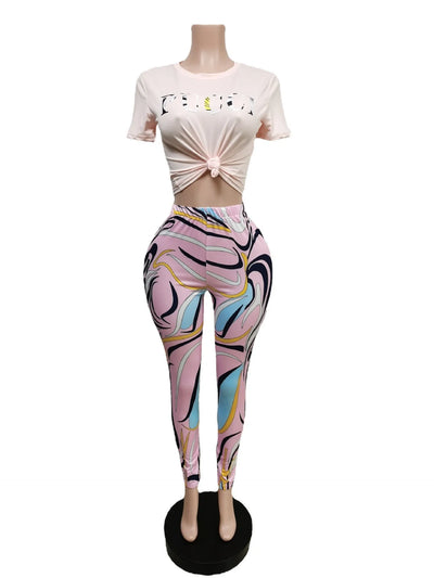 Echoine Letter Print Slim Fit Two Piece Set Spring Woman O Neck Short Sleeve T-Shirt Crop Top with Pencil Pants Casual Outfits