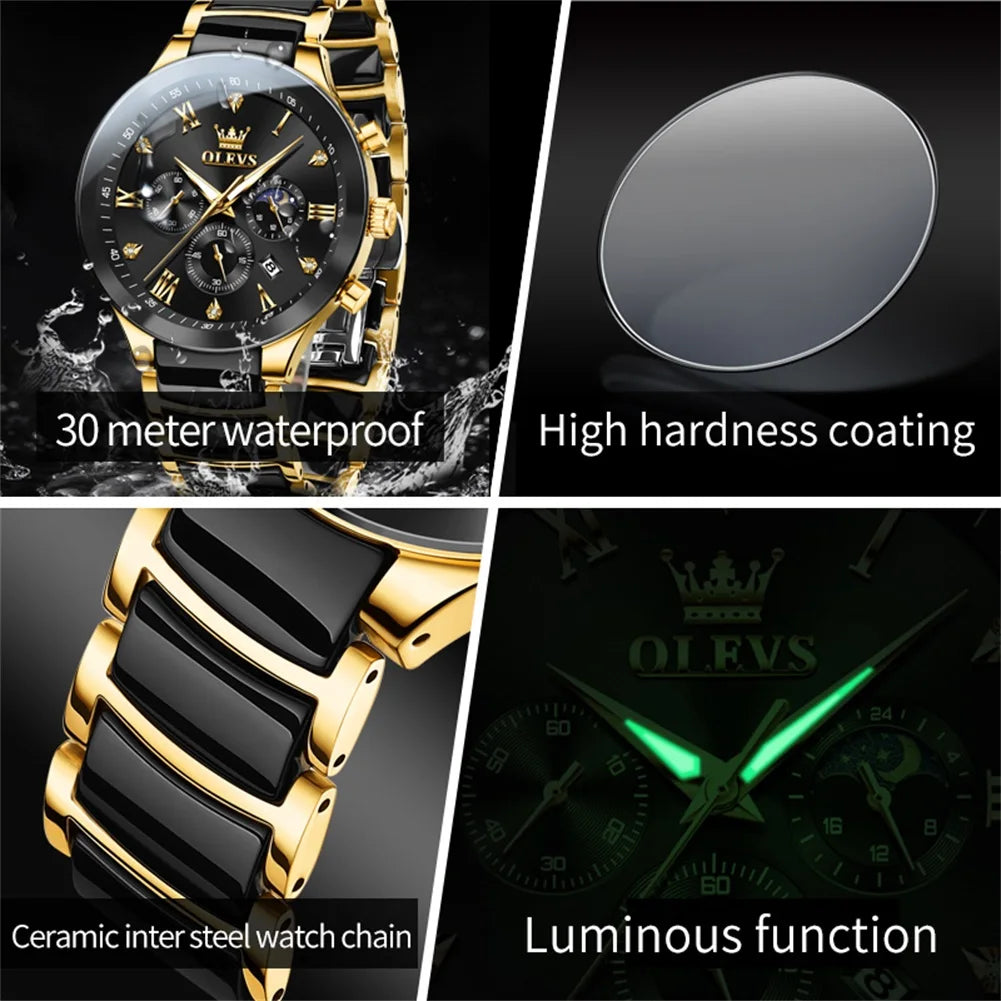 OLEVS Men's Watches Original Quartz Watch for Man Waterproof Luminous Ceramic And Steel Strips Wristwatch Male Moon Phases