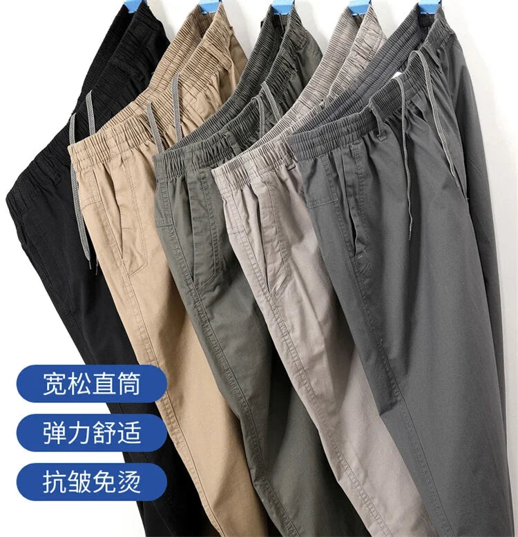 Men's 100% Cotton Sunwashed Pants, Standard Fit, Men Straight Cargo Trousers, Casual Pants, Monochromatic, Elastic Waist