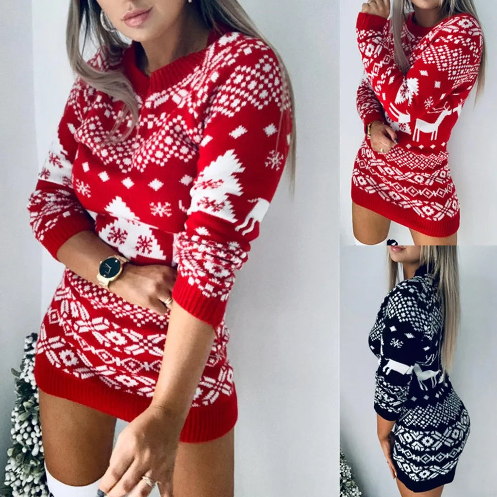 2024 Winter Knitted Women'S Sweater Dress Christmas Solid Dresses Female Elegant Thicken Warm New Year Christmas Clothes Sweater