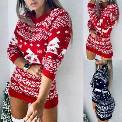 2024 Winter Knitted Women'S Sweater Dress Christmas Solid Dresses Female Elegant Thicken Warm New Year Christmas Clothes Sweater